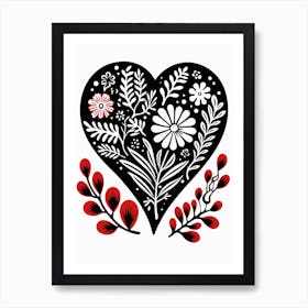 Folky Heart Linocut Style Black Red & White 4 Art Print