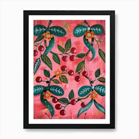 Folk Cherries And Bows 1 Pattern Art Print