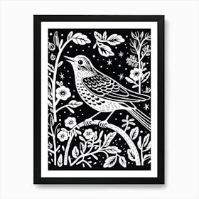 B&W Bird Linocut Hermit Thrush 2 Art Print