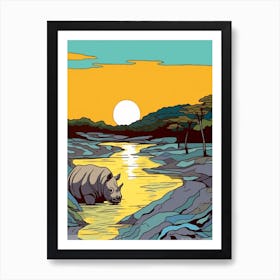 A Rhino In The River Block Colours 2 Art Print