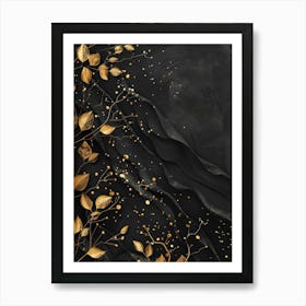 Gold Leaves On A Black Background Art Print