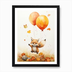 Red Fox Flying With Autumn Fall Pumpkins And Balloons Watercolour Nursery 1 Art Print
