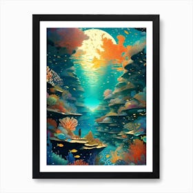 Underwater World - The Great Barrier Reef Seascape Imagined Visionary Psychedelic Mandala Fractals Fantasy Artwork Sun Moon Yoga Spiritual Awakening Meditation Wall Room Australian Art Print