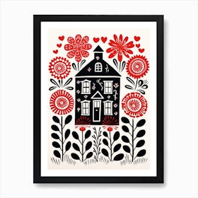 House Floral Patterns & Linework With Love Hearts Art Print