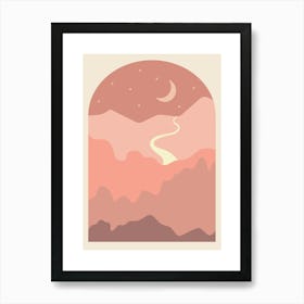 Landscape With Mountains And Moon Boho Earth Colors Illustration Art Print