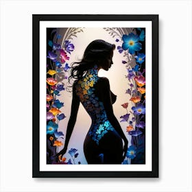 Silhouette of Naked Woman with Floral Frames #3 Art Print