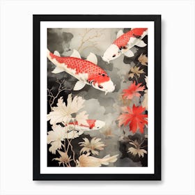 Red Koi Fish Watercolour With Botanicals Art Print