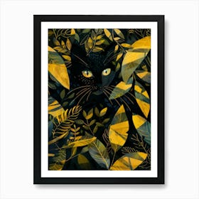 Black Cat In The Leaves Art Print