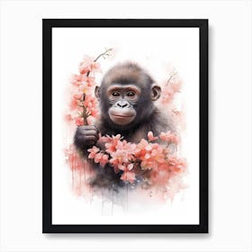 Gorilla Art With Flowers Watercolour Nursery 3 Art Print