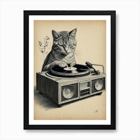 Cat Playing Turntable Art Print