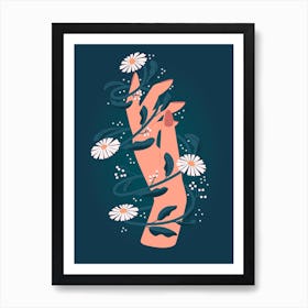 Elegant Hand Surrounded With Flowers On Deep Blue Art Print