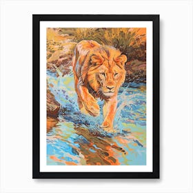 Southwest African Lion Crossing A River Fauvist Painting 3 Art Print