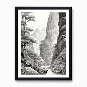 Iya Valley In Tokushima, Ukiyo E Black And White Line Art Drawing 2 Art Print