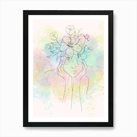 Watercolor Flowers In A Woman'S Head Art Print
