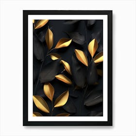 Gold Leaves On Black Background 4 Art Print