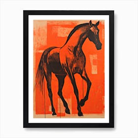 Black Horse, Woodblock Animal  Drawing 6 Art Print