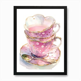 Tea Cups Elegant Pink And Gold Watercolor Illustration Art Print