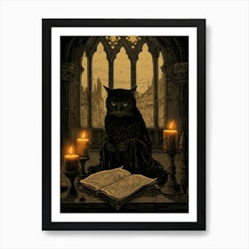 A Spooky Black Cat Reading A Book With Candles Art Print