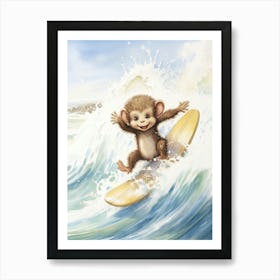 Monkey Painting Surfing Watercolour 2 Art Print