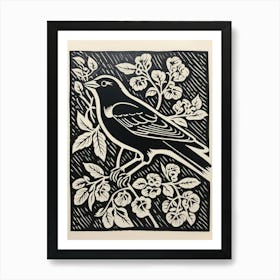 B&W Bird Linocut Cowbird 2 Art Print