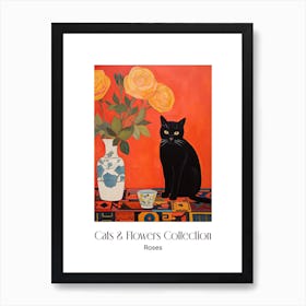 Cats & Flowers Collection Rose Flower Vase And A Cat, A Painting In The Style Of Matisse 8 Art Print