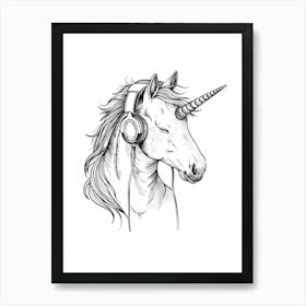 A Unicorn Listening To Music With Headphones Black & White 1 Art Print