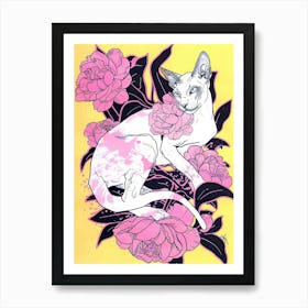 Cute Oriental Shorthair Cat With Flowers Illustration 3 Art Print