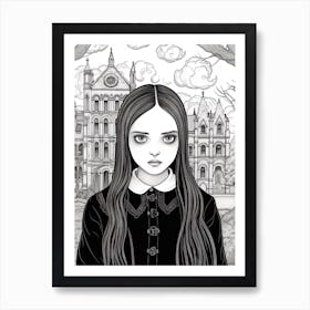 Nevermore Academy With Wednesday Addams Line Art 07 Fan Art Art Print