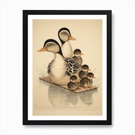 Group Of Ducklings Japanese Woodblock Style 2 Art Print