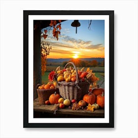 An Inviting Rustic Farm With Vegetables Like Corn Pumpkins Squash Elegantly Arranged In A Wooden B (3) Art Print