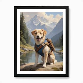 Dog with A Backpack Mountain Painting Art Print