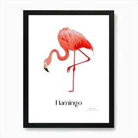 Flamingo. Long, thin legs. Pink or bright red color. Black feathers on the tips of its wings.7 Art Print