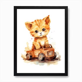 Kitten On Toy Car, Watercolour Nursery 3 Art Print