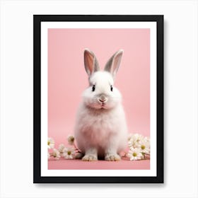 White Rabbit With Daisies On Pink Background Art Print