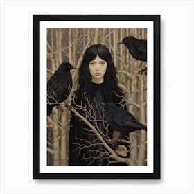 Dark And Moody Girl With Birds 1 Art Print