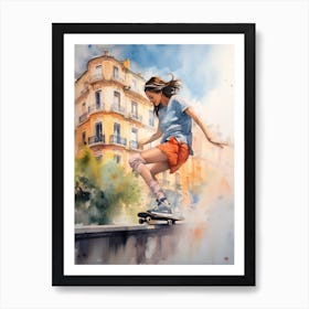 Girl Skateboarding In Lyon, France Watercolour 3 Art Print
