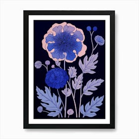 Blue Flower Illustration Scabiosa 2 Art Print