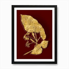 Vintage Linden Tree Branch Botanical in Gold on Red n.0520 Art Print