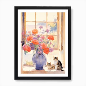 Cat With Anemone Flowers Watercolor Mothers Day Valentines 4 Art Print