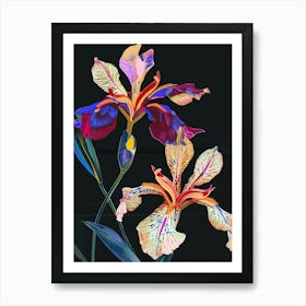 Neon Flowers On Black Iris 1 Art Print