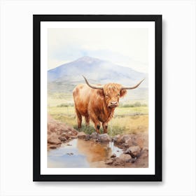 Highland Cow Drinking From Stream Art Print
