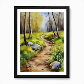 Path In The Woods.Canada's forests. Dirt path. Spring flowers. Forest trees. Artwork. Oil on canvas.19 Art Print