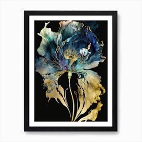 Gold Blue Poppy Art Print