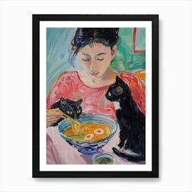 Portrait Of A Woman With Cats Eating Ramen 3 Art Print