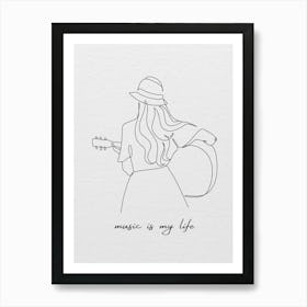 Music Is My Life Monoline Asthetic Mnimalist Drawing Art Print