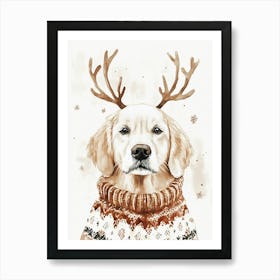 Golden Retriever In Christmas Jumper And Antlers Neutral Art Print