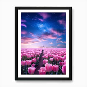 Pink Tulips Field At Night Art Print