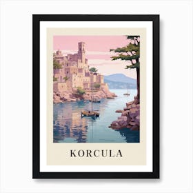 Korcula Croatia 4 Vintage Pink Travel Illustration Poster Art Print