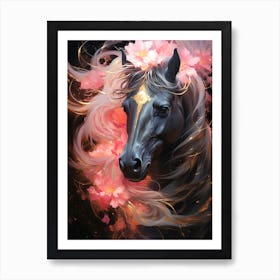 Black Horse With Flowers 1 Art Print