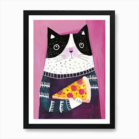 Happy Black And White Cat Pizza Lover Folk Illustration 1 Art Print